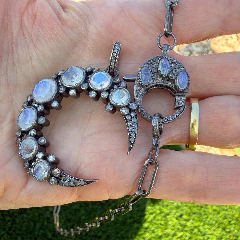 Pave Diamond Moonstone Crescent Moon Pendant and moonstone lobster clasp/chain